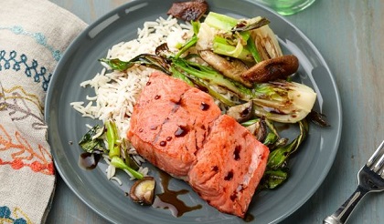 30-Min Pan-Seared Salmon with Baby Bok Choy and Shiitake Mushrooms